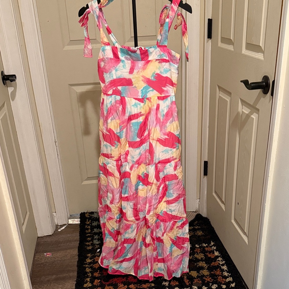 Blu Pepper Multicolored Watercolor Tie-Shoulder Maxi Dress